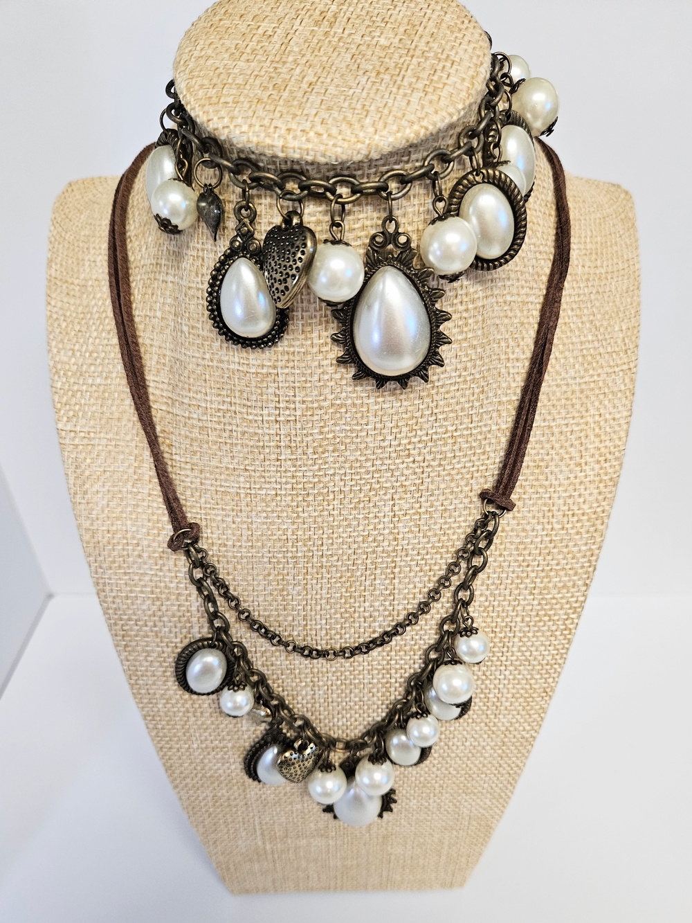 Vintage-Inspired Faux Pearl Charm Layered Antiqued Brass Necklace/Bracelet Set